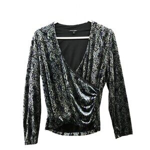 Anne Klein Velvet Blouse Womens S Long Sleeve Faux Wrap Silver Black Blue V Neck